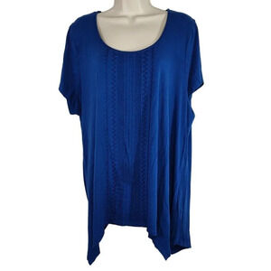 Adrianna Papell Blue Tunic Top Embroidered Women Size 3X Short Sleeve Scoop Neck